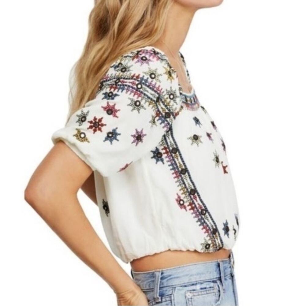 Free People White Embroidered Cropped Peasant Top with Multicolor Accents - Picture 2 of 8